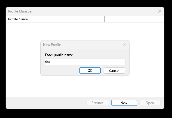 Entering a new profile name in the Profile Manager