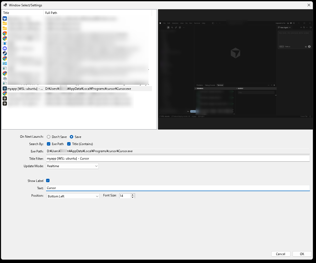 Window Settings dialog